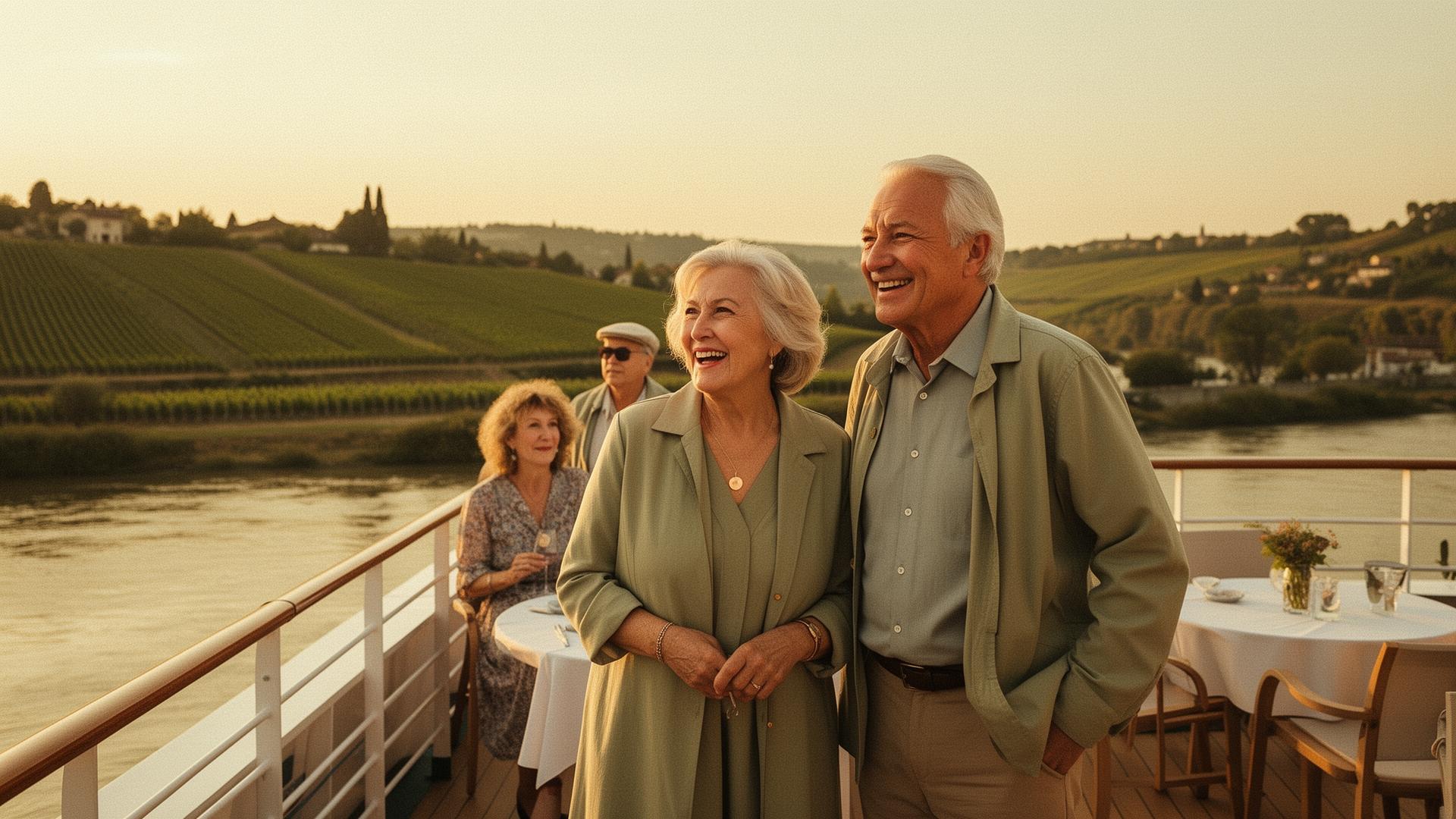Older couple on a river cruise deck overlooking vineyards at golden hour